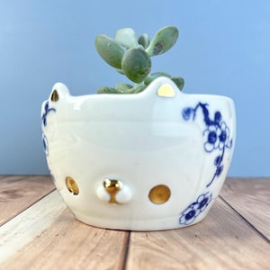May include: A white ceramic cat-shaped planter with blue floral designs and gold accents. The planter holds a green succulent plant. The planter is sitting on a wooden surface with a blue background.