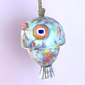 Baby Face Fish Hanging Ornament – Handmade Ceramic Art, Articulated Tiny Sculpture, Whimsical Garden Decor, Small Wind Chime