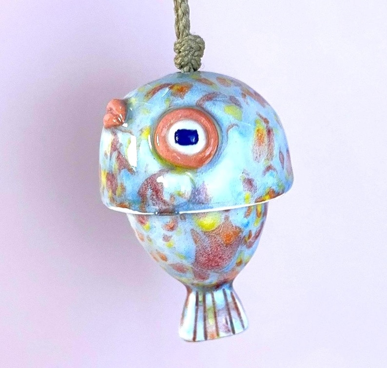 Baby Face Fish Hanging Ornament – Handmade Ceramic Art, Articulated Tiny Sculpture, Whimsical Garden Decor, Small Wind Chime Sky Tide