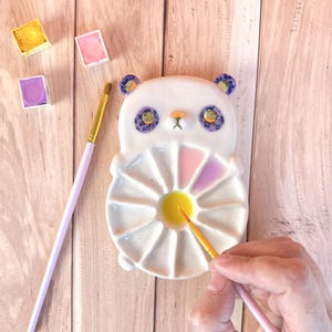 Panda Porcelain Watercolor Palette – 13-Well Handmade Artist Gift with Iridescent Eyes & Floral Decals