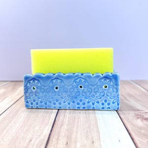 Handmade Ceramic Sponge Holder – Sky Blue Floral Lace Stoneware | Functional Pottery Sink Organizer