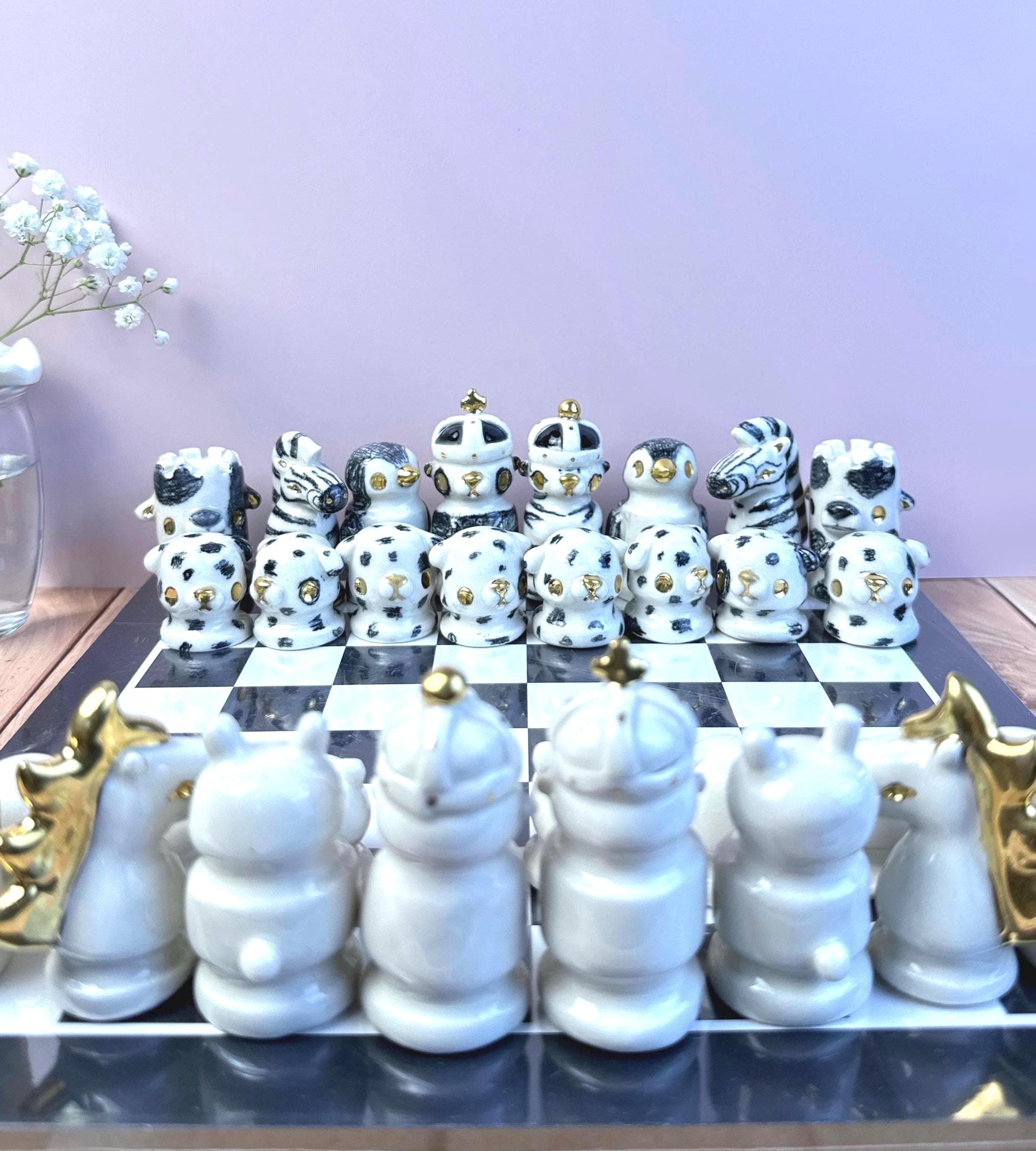 Handmade Porcelain Animal Chess Set – Sketchy Black & White Design