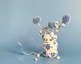 Handmade charming ceramic bud vase, white and blue ceramics, cute ceramics, miniature flower vase, animal flower vase, gift for her.