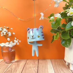 Handmade Tiger Ceramic Garden Bell , Whimsical Wind Chime with Gold Accents for Outdoor Decor & Unique Gifts