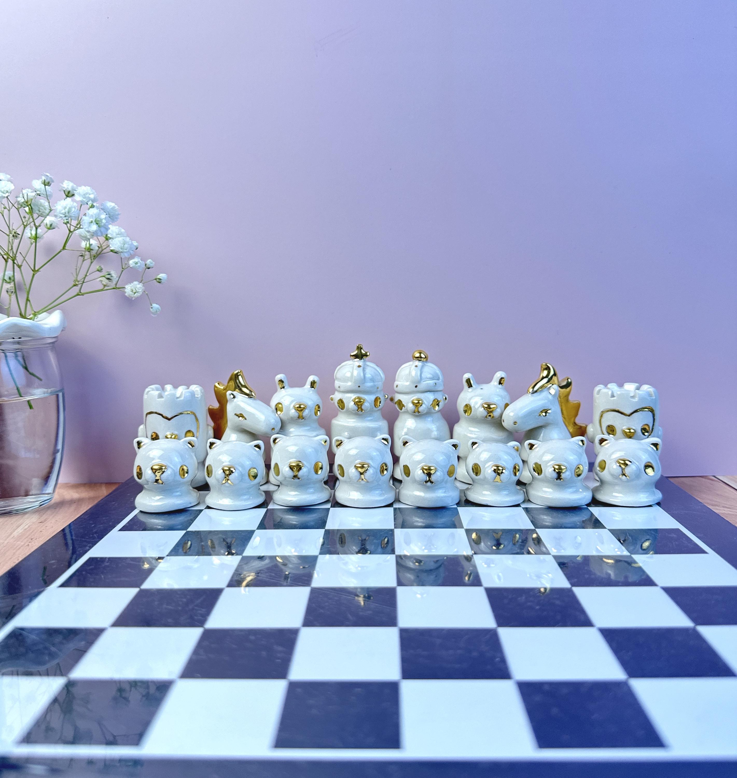 Handmade Porcelain Animal Chess Set – Sketchy Black & White Design