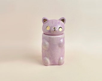 Charming Small Ceramic cat Jar with Golden Details, cute ceramic canister, small ceramic jar, cat lover Christmas gift , small animal jar