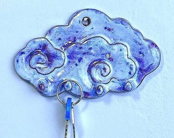 Llavero de cerámica con forma de nube, perchero de pared, gancho de pared de terracota hecho a mano, organizador de entrada, regalo de arte funcional.