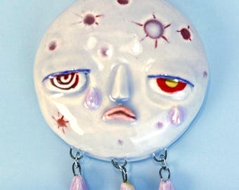 Crying Moon Wall Art – Handmade Stoneware Moon with Iridescent Teardrops