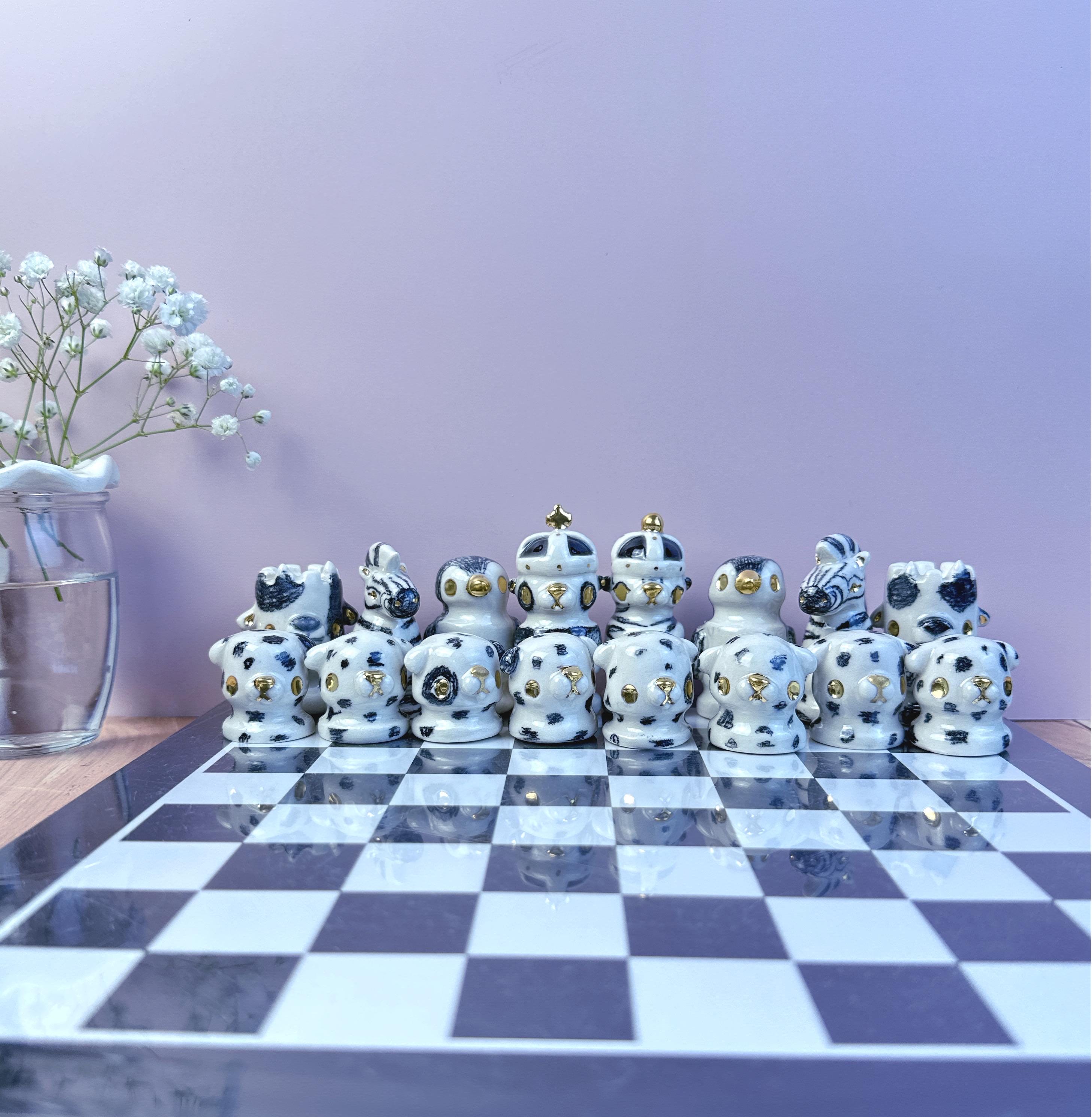 Handmade Porcelain Animal Chess Set – Sketchy Black & White Design