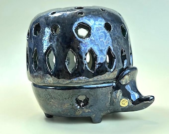 Ceramic Beetle Luminary, Black Stoneware Candle Holder with Gold Luster Eyes