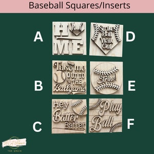 May include: Wooden baseball-themed squares with various phrases and designs. The squares include phrases like "Home", "Take me out to the ballgame", "Hey Batter Batter", "Strike Ball Walk Out", and "Play Ball". The squares are unpainted.