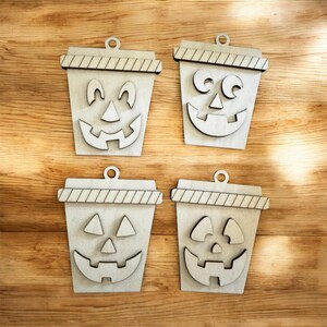 Halloween Jack O’ Lantern Latte Cup DIY Wood Kit, Pumpkin Coffee Cup Ornament, Paint Your Own Halloween Craft, Tiered Tray Decor