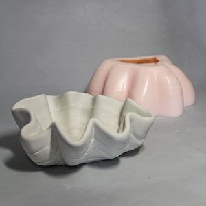 Peut inclure: Deux pots en céramique, l'un blanc et l'autre rose. Le pot blanc a une forme ondulée et organique, tandis que le pot rose a une forme plus arrondie et traditionnelle.
