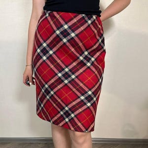 Wool red plaid pleated skirt midi office girl pensil skirt scottish kilted wool skirt Hobbs UK 12 US 6 DE 38