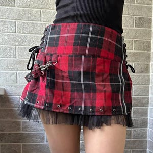 Hell Bunny mini red skirt rivet & lace up detail plaid skirt y2k goth style punk rock skirt corset mini skirt Size XL