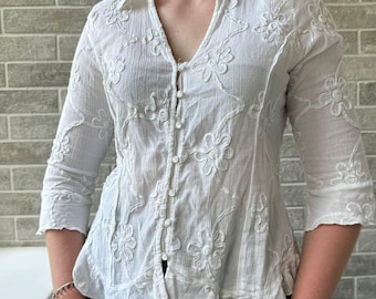 Blusa vintage blanca transparente bordada, estilo bohemio de los años 90, blusa floral semitransparente, estilo cottagecore romántico Y2K, tallas S-M