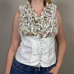 Floral ruffle corset top white sleeveless blouse bustier with lace up front sheer mesh coquette shirt