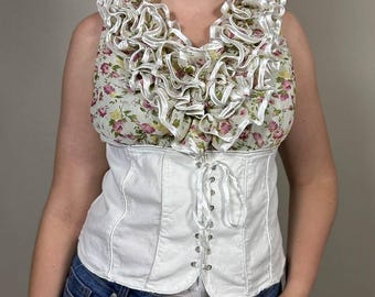 Top corsé con volantes florales, blusa blanca sin mangas, bustier con cordones en la parte delantera, camisa coqueta de malla transparente