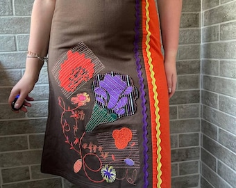 Boho midi skirt with colorful emboidery and decorative trim patchwork hippie floral skirt y2k brown orange grunge skirt