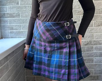 Falda plisada de colegiala mini de tartán, falda cruzada de lana a cuadros con hebillas, estilo grunge punk Y2K