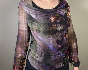 Geisha Sheer Floral Mesh Top with Draped Neckline Y2K Long Sleeve Blouse Romantic See Through Top