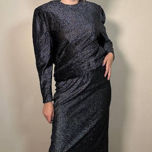 Vintage Skirt Suit 2 Piece with lurex and shoulder pads pencil skirt and blouse retro evening outfit sparkly disco wear