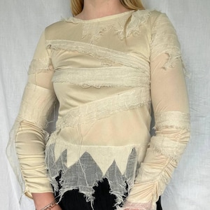 Beige distressed sheer mesh top with frayed edges boho longsleeves y2k grunge cyber fairycore top streetwear shirt
