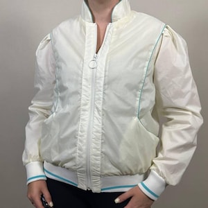 Vintage White Windbreaker Jacket 90s Retro Track Bomber Zip Rain Jacket disco style Y2K Size L made in Hong Kong
