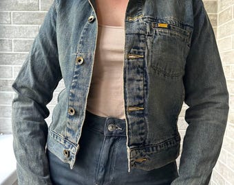 Chaqueta vaquera desgastada vintage para mujer, estilo bomber de algodón Y2K, estilo años 90, lisa, Caterpillar, fabricada en Hong Kong, talla S.