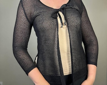 Bolero abierto de manga larga con rejilla, cárdigan de malla, jersey de rejilla, suéter hipster grunge Y2K, talla S