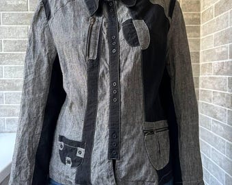 Vintage patchwork grey linen jacket longsleeve blouse y2k grunge button up zipper details streetwear jacket