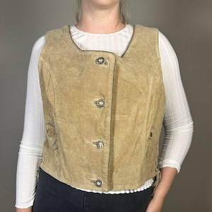 Vintage Leather Suede Vest Beige Button Up Waistcoat with Embroidered Floral Details Western Bavarian German Vest Beer Fest