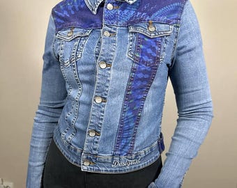 Desigual cropped blue denim jacket patchwork y2k cotton bomber boho jean jacket Size 38