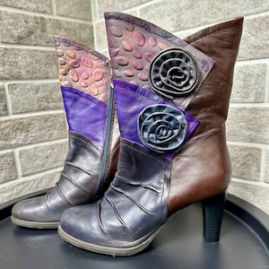 Vintage Laura Vita leather boots bohemian patchwork high heels booties ankle boots colorful lace-up side zip boho hippie boots EU 38