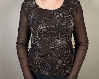 Brown Sheer Mesh Long Sleeve Top Floral Embroidered Shirt