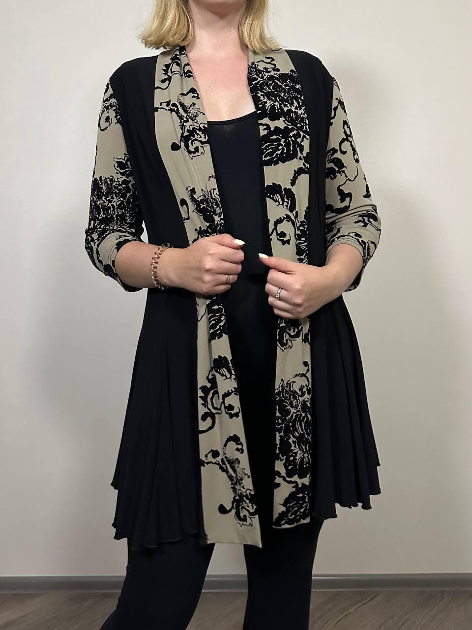 Joseph Ribkoff Black Open Front Cardigan Tunic Ruffle Cape Long