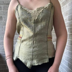 Olive green cami top asymmetrical shimmer sleeveless top lace blouse lingerie style boho y2k grunge fairycore top streetwear shirt 90s
