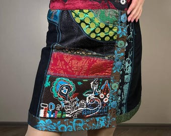 Gonna corta patchwork Desigual Boho con ricamo avvolgente, taglia 40