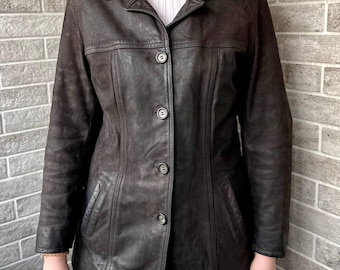 Vintage leather jacket , coat with pockets , brown western coat, women leather blazer, 90s leather blazer, distressed jacket , Size 42