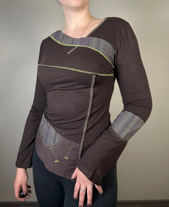Cache Cache Brown Asymmetrical Patchwork Long Sle… - image 3