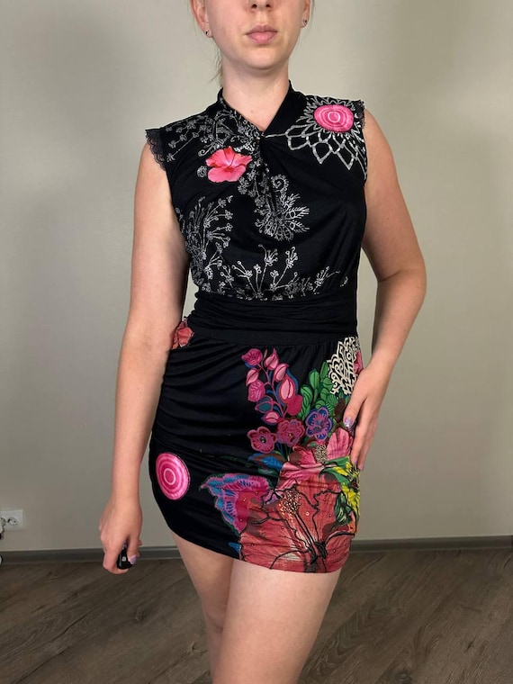 Vintage Desigual mini floral dress embroidered sleeveless dress tunic  gothic witchy dress 90s Size S