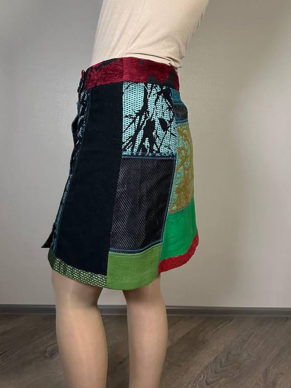 Desigual Patchwork Mini Skirt Boho Embroidered Wr… - image 5