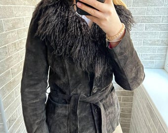 Leather brown jacket with pockets and sheepskin fur collar, suede coat, vintage western coat,  distressed jacket Etam Size UK 10