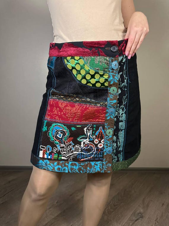 Desigual Patchwork Mini Skirt Boho Embroidered Wr… - image 2
