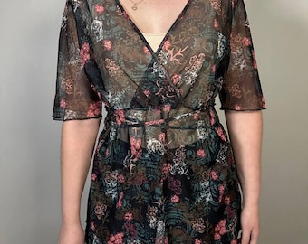 Sheer Floral Kimono Blouse Boho Wrap Top See Through Tunic