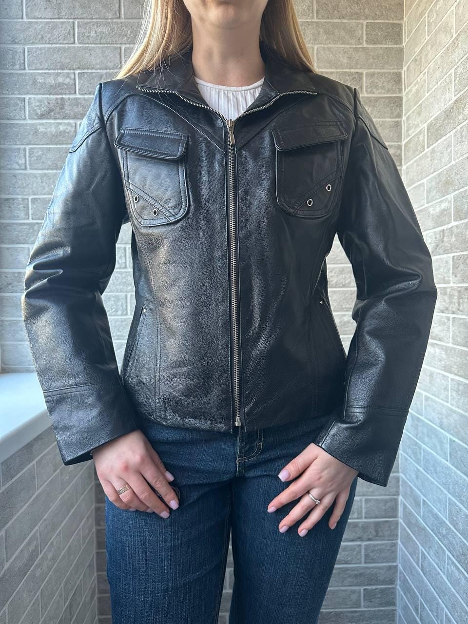 Black Leather Jacket Zip up Short Bomber Biker Moto Zippered High