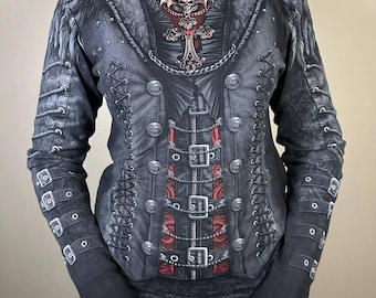 Spirale directe haut à manches longues gothique corset imprimé chemise steampunk fantaisie sombre an 2000 grunge fairycore