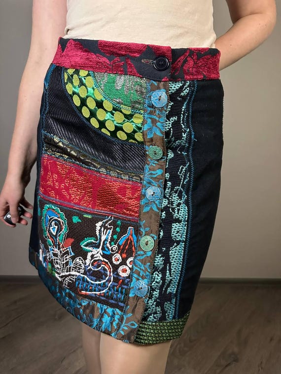 Desigual Patchwork Mini Skirt Boho Embroidered Wr… - image 4