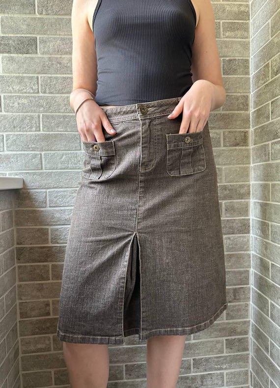 Vintage Grey Denim Retro Midi Skirt Cargo Military Bohemian Style