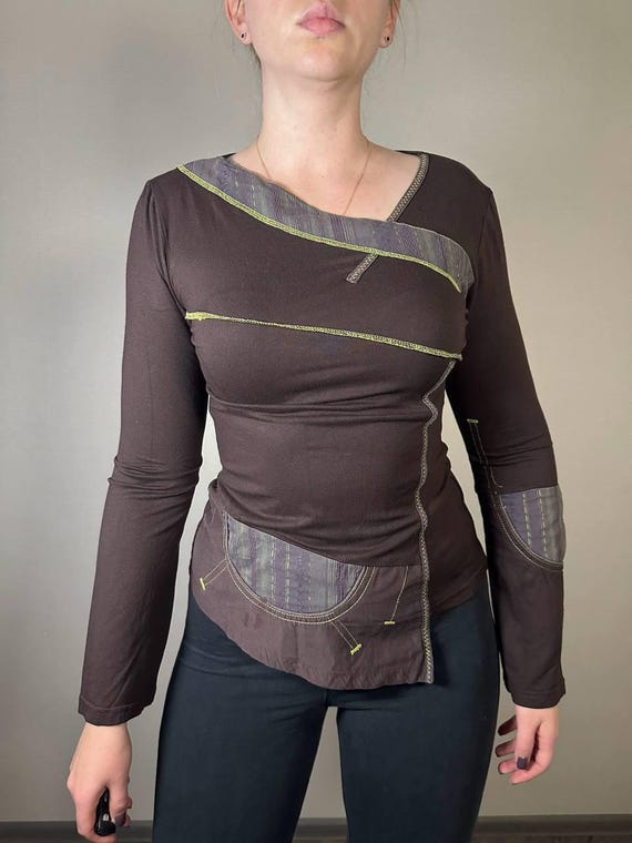 Cache Cache Brown Asymmetrical Patchwork Long Sle… - image 1